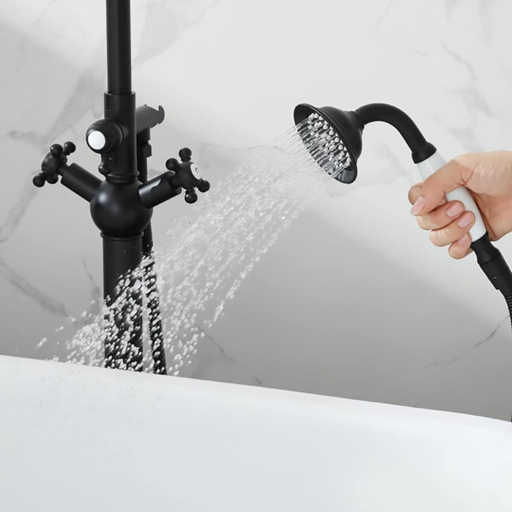 Industrial Freestanding Bathtub Faucet Swivel High Arc Floor Mount Tub Filler Faucet 2 Handles Floor Mounted Tub Faucet Brass Tub Mixer Tap with Handheld Shower and 59' Shower Hose,Matte Black