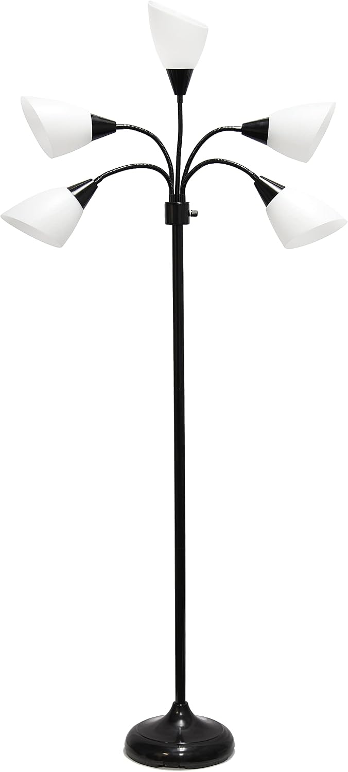 Simple Designs LF2006-BAW 67' Contemporary Multi Head Medusa 5 Light Adjustable Gooseneck Black Floor Lamp with White Shades for Kids Bedroom Playroom Living Room Office (Pack of 2)