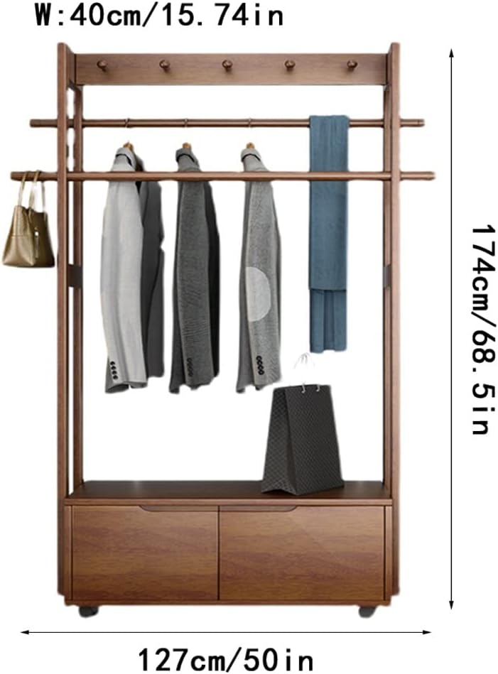Stand Coat Rack Nordic Creative Clothes Hanger Floor Bedroom Nordic with Wheels Coat Rack Living Room Double Drawer Rack Coat Rack Clothes Rolling Rack (Size : 127 * 40 * 174cm)