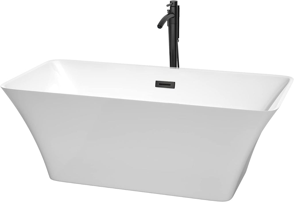 Tiffany 59 Inch Freestanding Bathtub in White with Floor Mounted Faucet, Drain and Overflow Trim in Matte Black