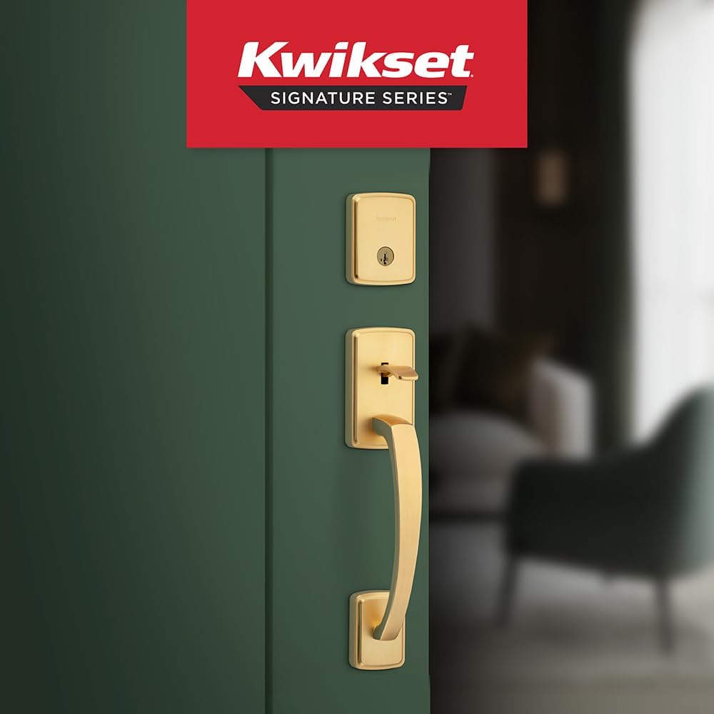 Kwikset Brentford Front Door Lock Handle and Deadbolt Set, Entry Handleset Exterior with Sedona Reversible Lever, Satin Brass, Pick Resistant SmartKey Rekey Deadbolt Security, with Microban Protection