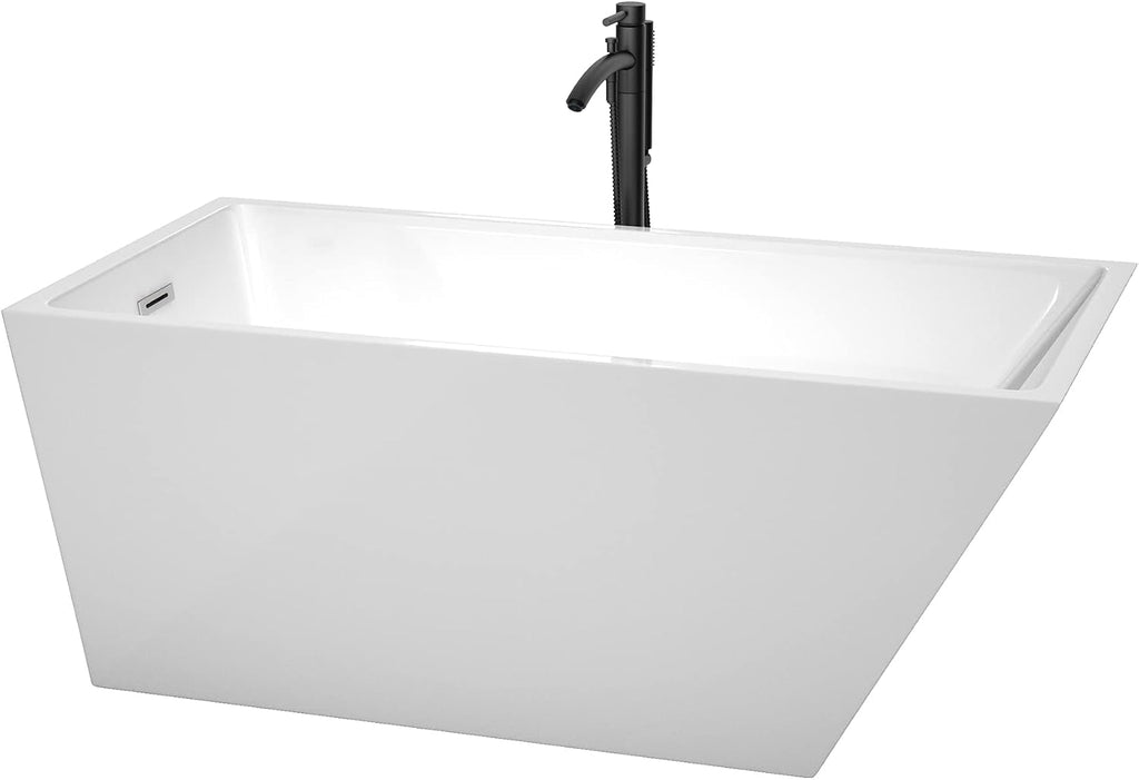 Hannah 59 Inch Freestanding Bathtub in White with Polished Chrome Trim and Floor Mounted Faucet in Matte Black