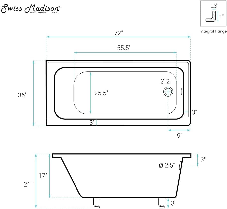 Swiss Madison Voltaire 72 x 36 Right Drain Soaking Alcove Bathtub in Glossy White with Integrated Armrest