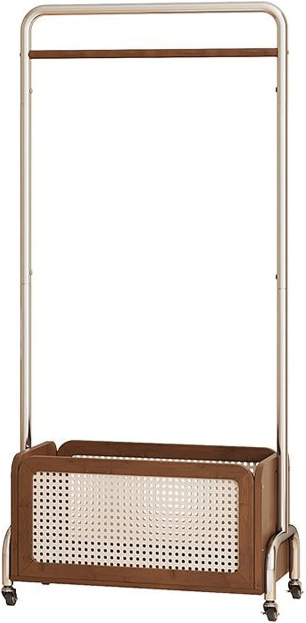 Metal Clothing Rack w/Wheels Heavy Duty Rolling Clothes Rack Modern Garment Rack w/Bamboo Rattan Storage Basket for Bedroom Boutiques