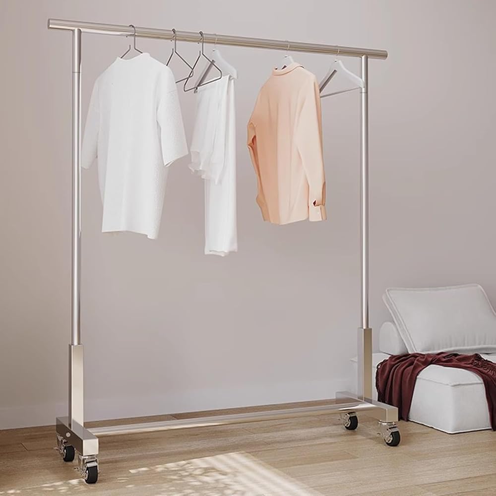Heavy Duty Garment Rack, Stainless Steel Clothing Rack on Wheels, Freestanding Commercial Clothes Rail for Hanging Clothes, Silver Rolling Clothing Display Stand for Bedroom & Retai(Size:120X40X150CM)