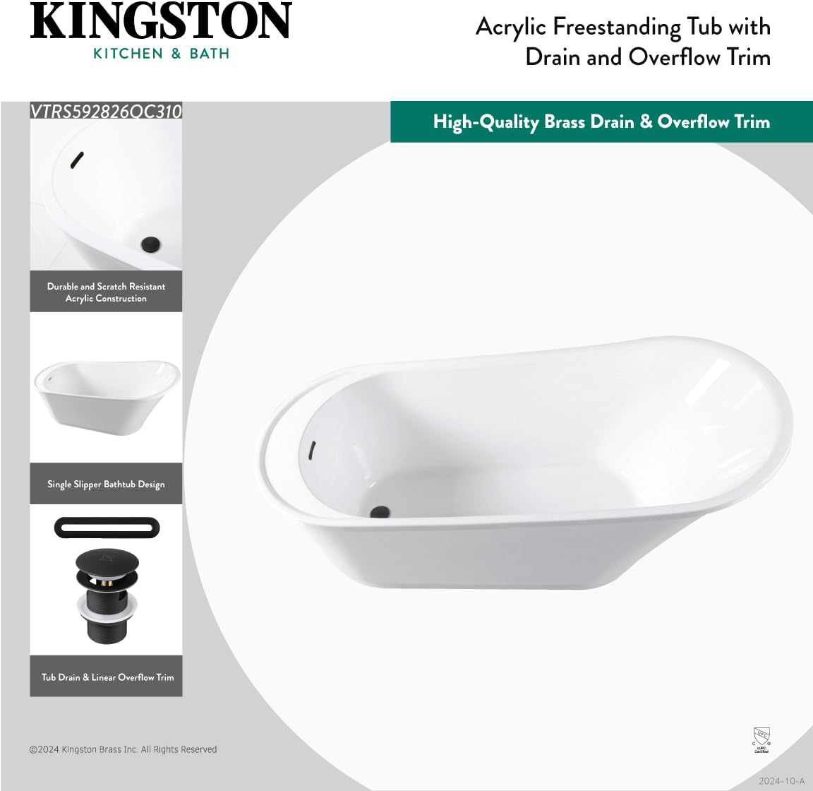Kingston Brass VTRS592826QC310 59' Acrylic Oval Single Slipper Freestanding Tub with Drain, Glossy White/Matte Black