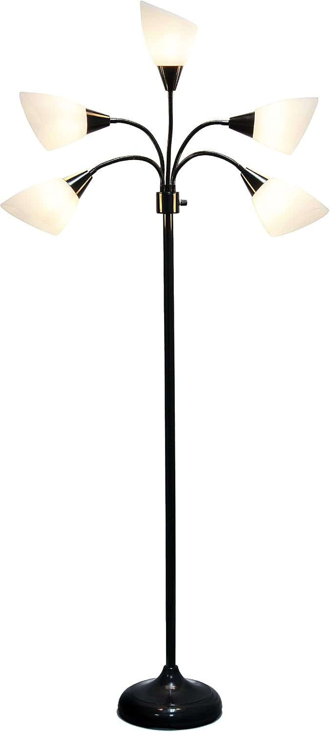 Simple Designs LF2006-BAW 67' Contemporary Multi Head Medusa 5 Light Adjustable Gooseneck Black Floor Lamp with White Shades for Kids Bedroom Playroom Living Room Office (Pack of 2)
