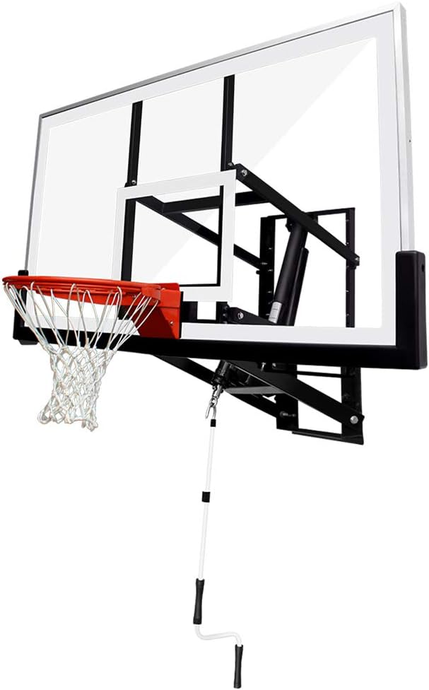 Basketball Hoop Garage Mounted Wall Adjustable-Height, with 60''x36''Tempered Glass Backboard, Pro-Style Breakaway Rim, Durable Bracket and All Weather Net