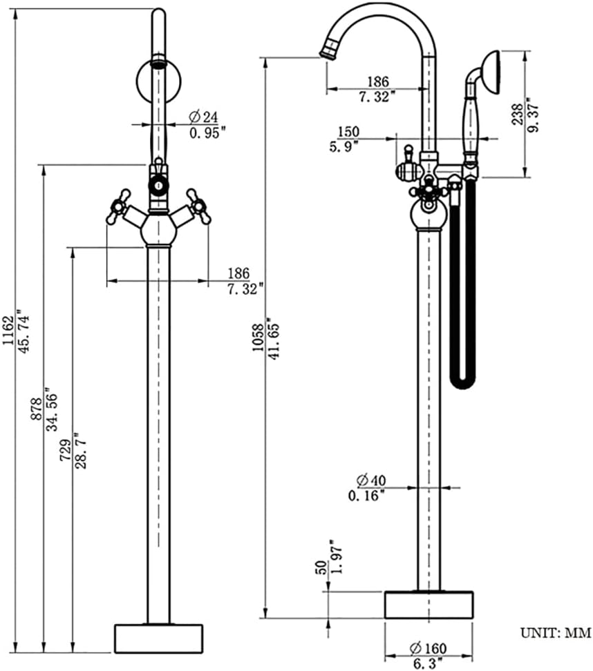 Industrial Freestanding Bathtub Faucet Swivel High Arc Floor Mount Tub Filler Faucet 2 Handles Floor Mounted Tub Faucet Brass Tub Mixer Tap with Handheld Shower and 59' Shower Hose,Matte Black
