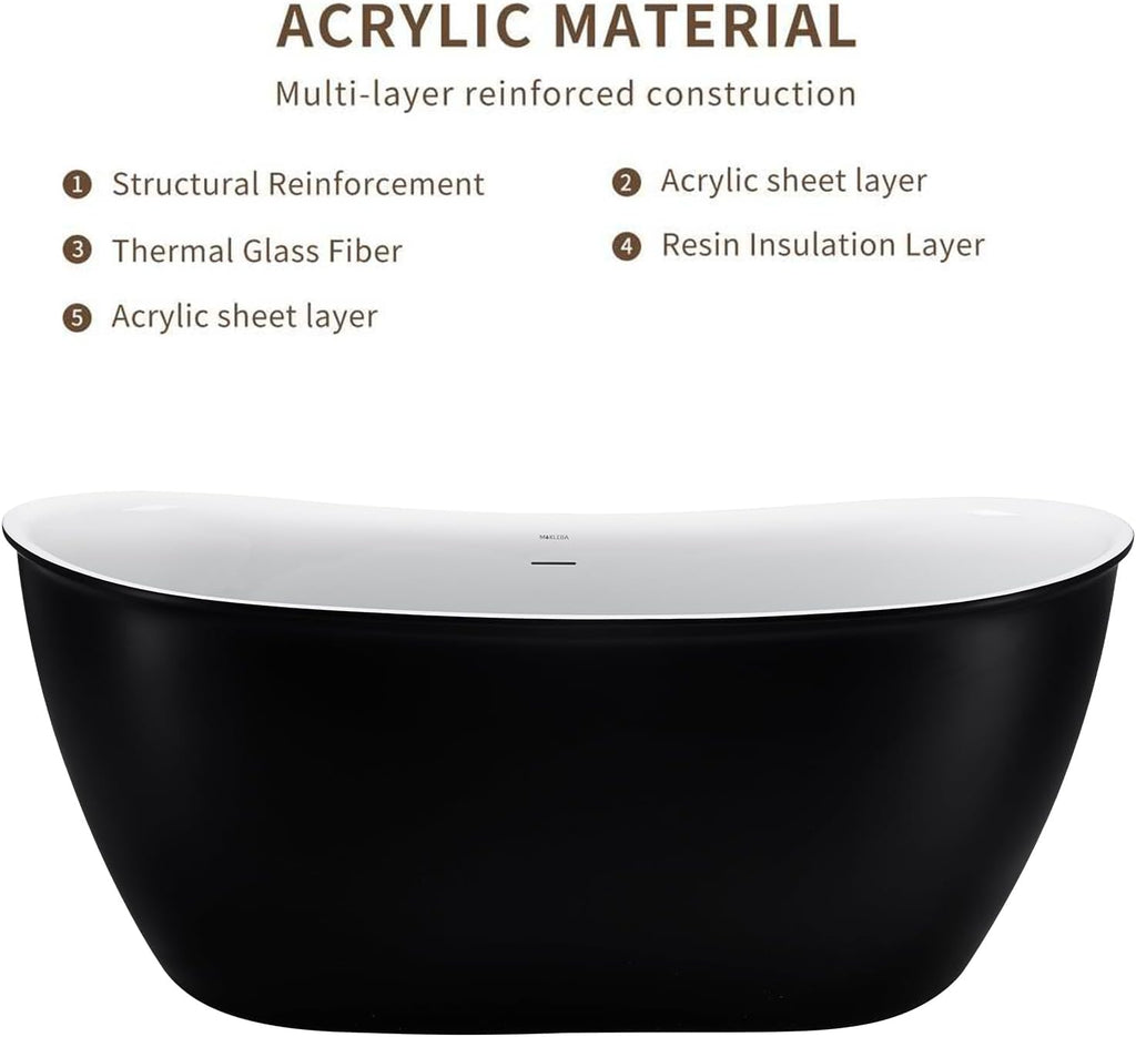 59' 100% Acrylic Freestanding Bathtub??Contemporary Soaking Tub??White Inside Black Outside