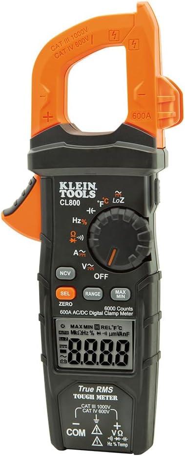 Klein Tools CL800 Digital Clamp Meter, Auto Ranging TRMS, AC/DC Volt/Current, LOZ, Continuity, Frequency, Capacitance, NCVT, Temp, More 1000V