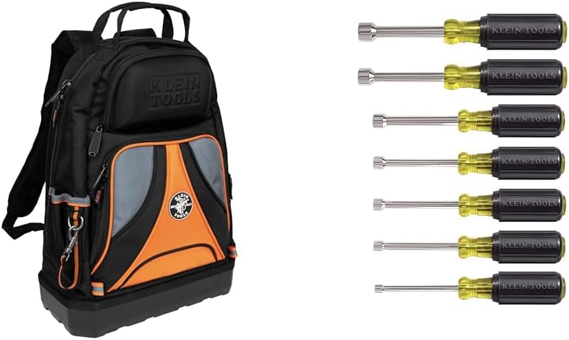 Klein Tools Backpack with 39 Pockets, Nut Driver Set, Made in USA, 3-Inch Hollow Shaft, 7-Piece