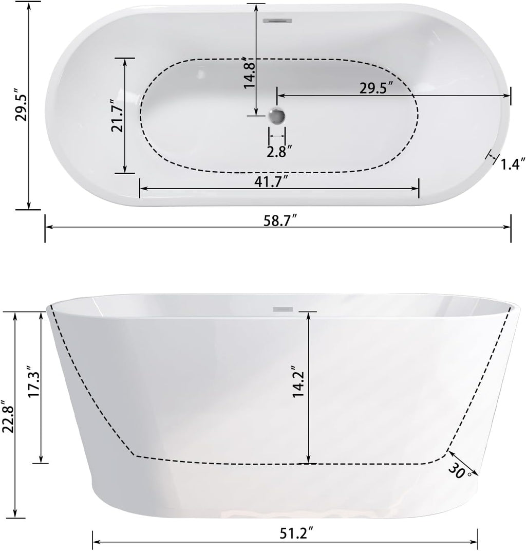 59' Acrylic Freestanding Bathtub, Stand Alone Tub,cUPC Certified, Chrome Drain & Overflow,Gloss White Finish (White, 59 Inch)