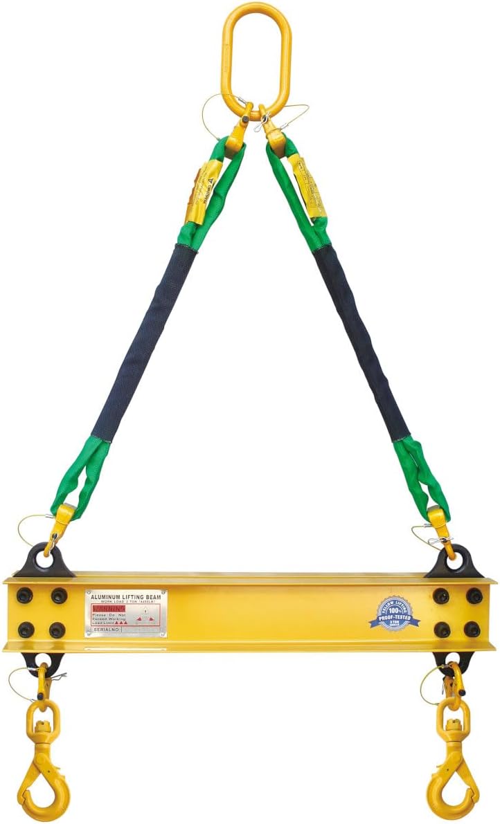 4400 LBS 2 Ton Aluminum 2' Lifting Spreader Beam Lifting Bar with Swivel Self Locking Hooks and 2 FT Round Sling Bridle Heavy Duty Light Weight