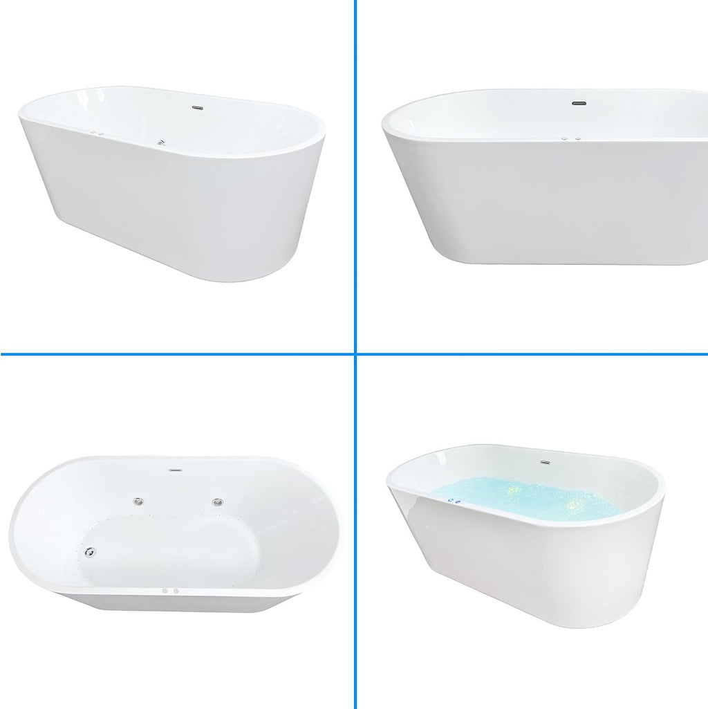 67' Acrylic Freestanding White Acrylic Soaking Bathtub with Brushed Nickel Drain and Overflow, LED Control Panel, Air Bubble, Easy Installation