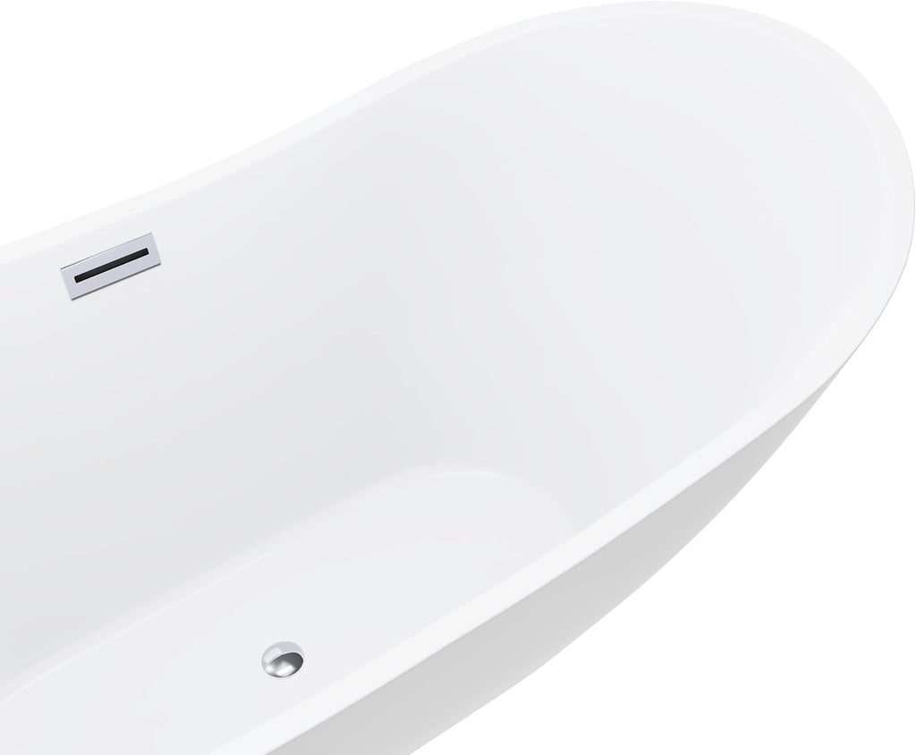 BuildMyplace Sky 67' Acrylic Freestanding Contemporary Soaking Bathtub with Glossy White Finish, Oval Shape, Chrome Plated Drain Cover & Pop Up-Overflow Hole