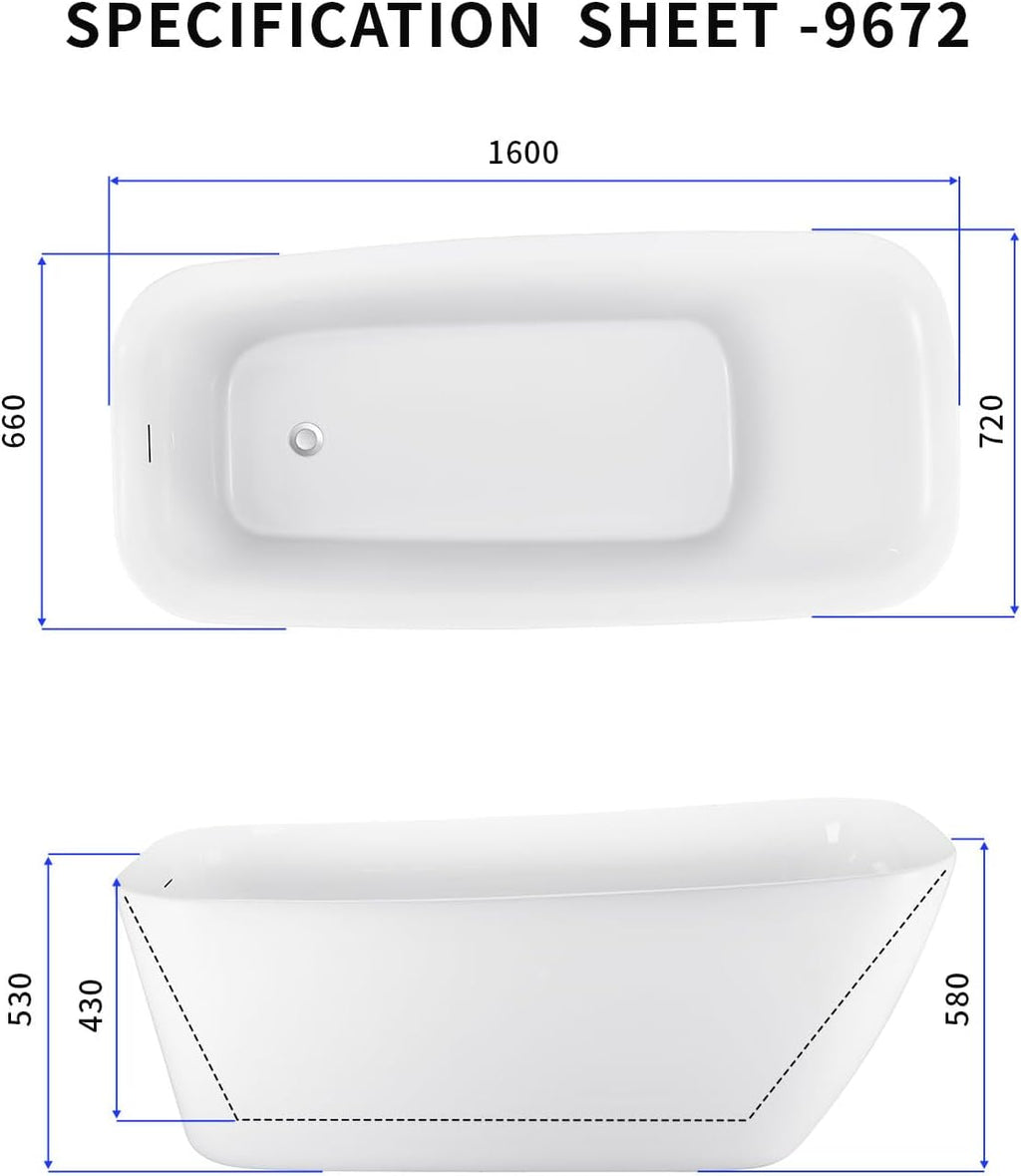 Acrylic Freestanding Bathtub, Single Slipper Free Standing Tub, Soaking Tub with Integrated Slotted Overflow, Toe-Tap Chrome Drain, cUPC Certified, Glossy White