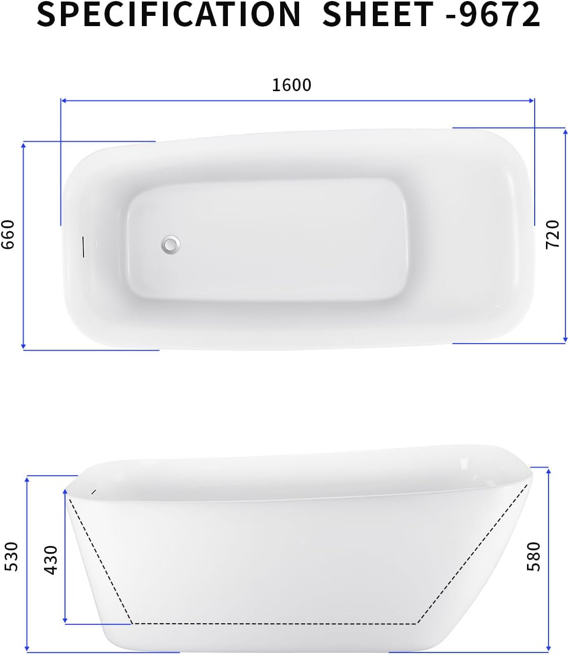 Acrylic Freestanding Bathtub, Single Slipper Free Standing Tub, Soaking Tub with Integrated Slotted Overflow, Toe-Tap Chrome Drain, cUPC Certified, Glossy White
