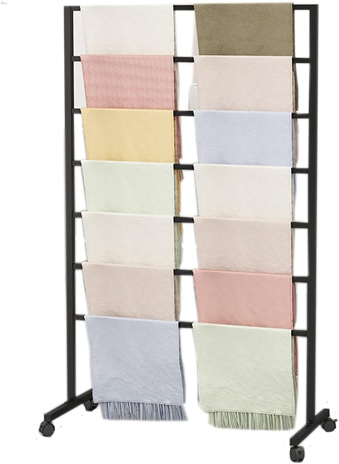 Upright Rolling Scarf Storage Organizers Rack on Wheels, 7 Tier Heavy Duty Commercial Multifunctional Display Stand Holder for Pants/Towel/Shawl (Black Length60cm)