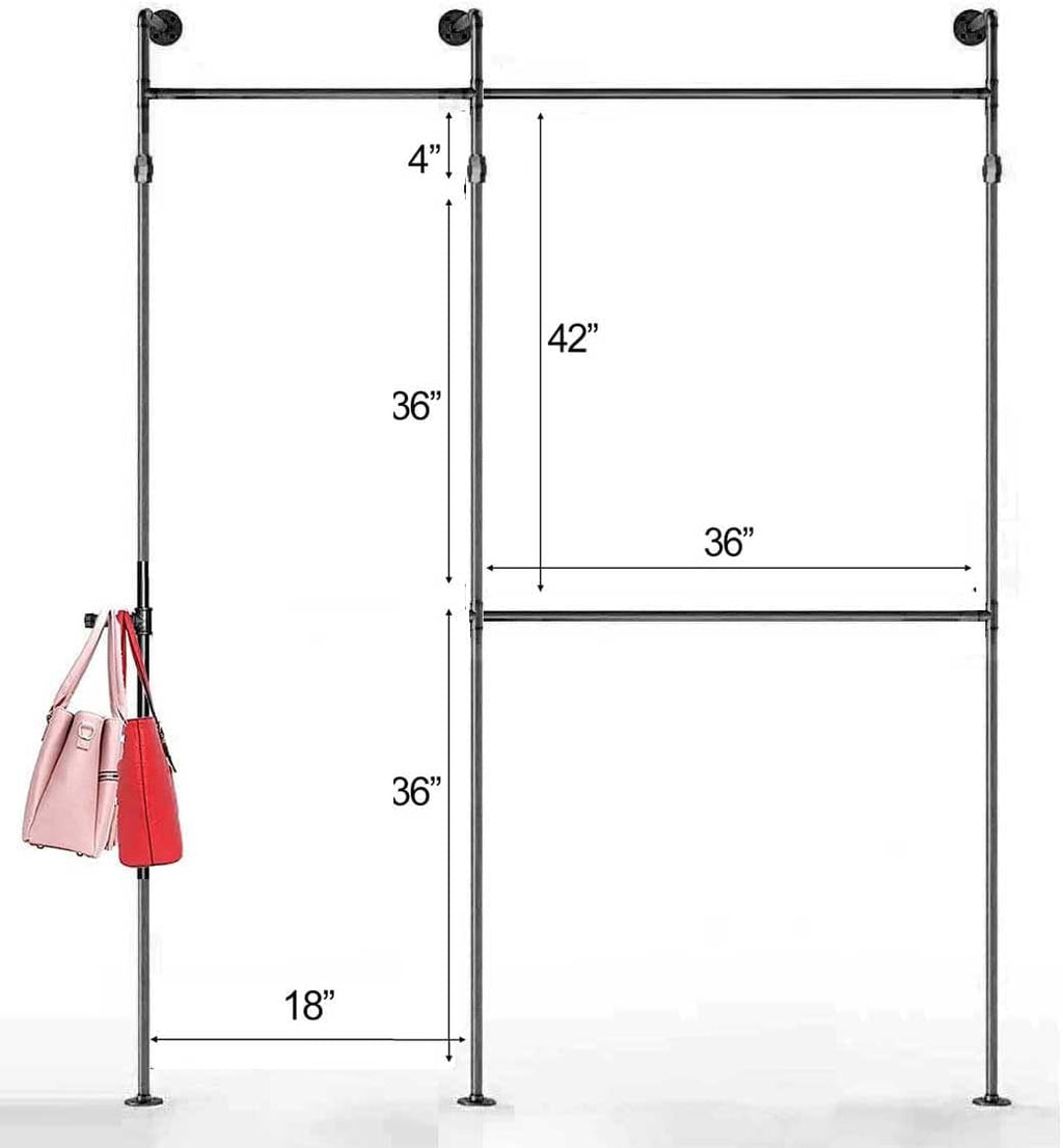 SERENITA Industrial Pipe Clothing Rack, Hanging Rod for Closet, Wall Mounted Multi Purpose (80' x 56', Black)