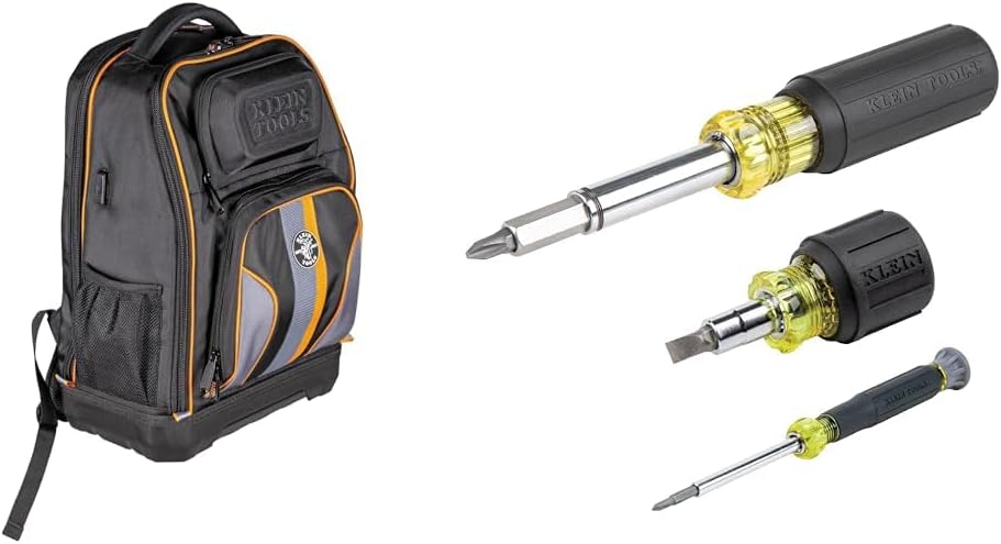 Klein Tools Laptop Backpack Tool Bag with Molded Bottom, Charging Port, 28 Pockets and 3-Piece Screwdriver Nut Driver Tool Kit