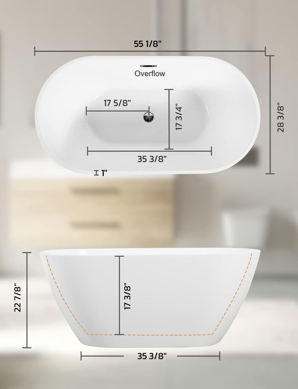 Zevemomo 63 inch Freestanding Bathtub, Acrylic Free Standing Soaking Bathroom Tub with Brushed Nickel-Finished Overflow and Anti-Clogging Drain, Easy Installation, White