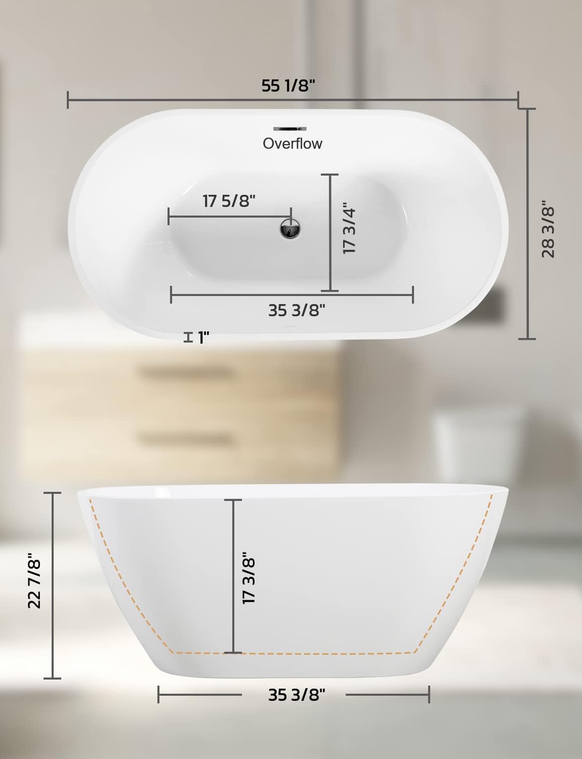 Zevemomo 63 inch Freestanding Bathtub, Acrylic Free Standing Soaking Bathroom Tub with Brushed Nickel-Finished Overflow and Anti-Clogging Drain, Easy Installation, White