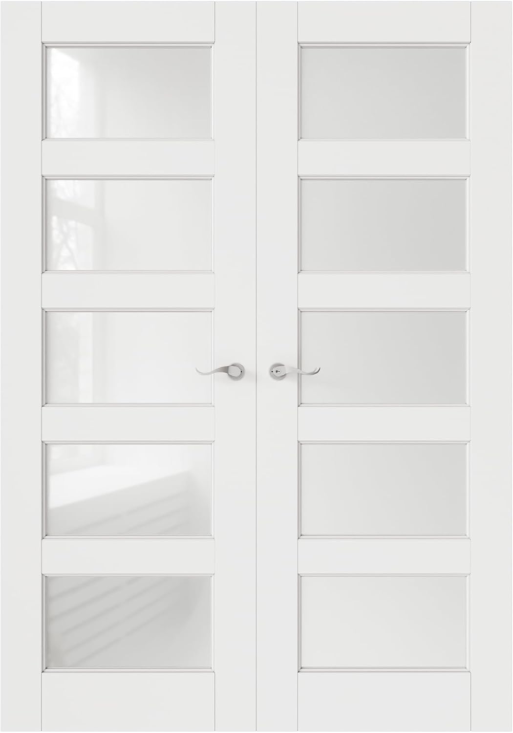French Door 48' x 80' (Double 24' x 80') 5-Lite Frosted Glass Door Slabs with Pre-hung Jamb, Silver Hinges, Levers and Latch, White Primed, French Interior Doors with frame, Swing Double Bedroom Doors