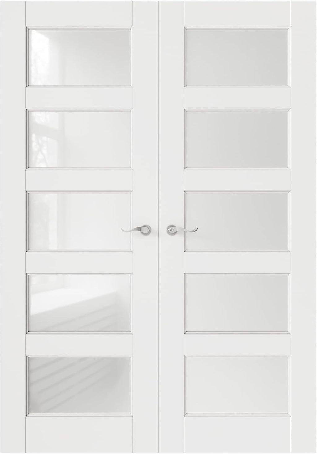 French Door 36' x 80' (Double 18' x 80') 5-Lite Frosted Glass Door Slabs with Pre-hung Jamb, Silver Hinges, Levers and Latch, White Primed, French Interior Doors with frame, Swing Double Bedroom Doors