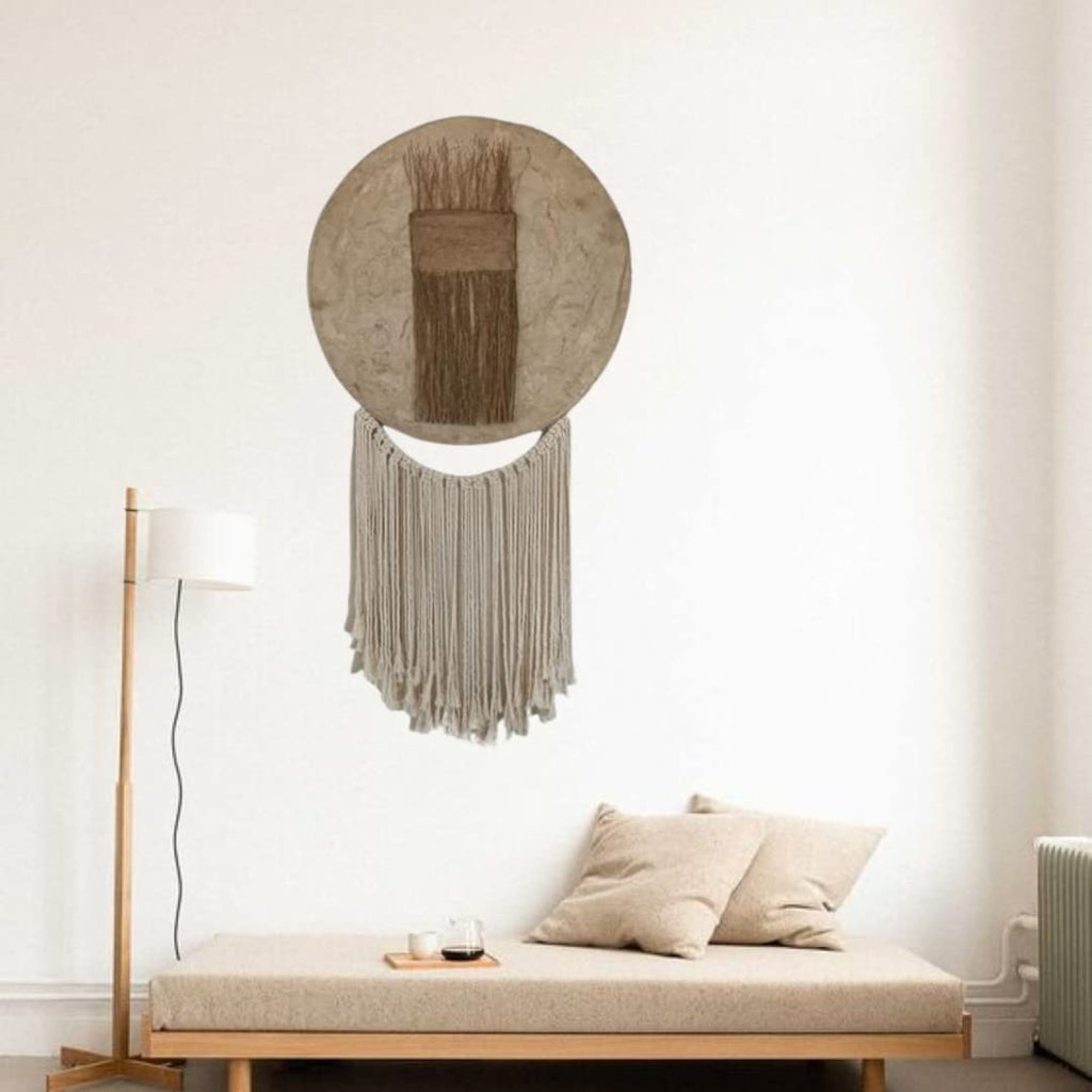 KIM. Round wall hanging. Fiber wall Art. Textile Art. Cotton and macrame Art. Bark tree paper Amate paper tapestry. Boho art home decor. From Mexico
