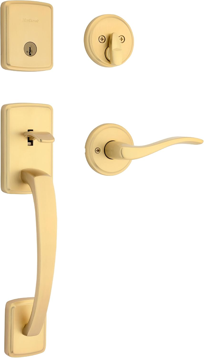 Kwikset Brentford Front Door Lock Handle and Deadbolt Set, Entry Handleset Exterior with Sedona Reversible Lever, Satin Brass, Pick Resistant SmartKey Rekey Deadbolt Security, with Microban Protection