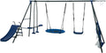 6‑Function Outdoor Swing Set with Net Saucer, Mini Slide, Face‑to‑Face Swings, Basketball Hoop & Soccer Net, Heavy‑Duty Steel Playground Playset (440 lbs) in Grey & Blue for Boys and Girls Ages 3+