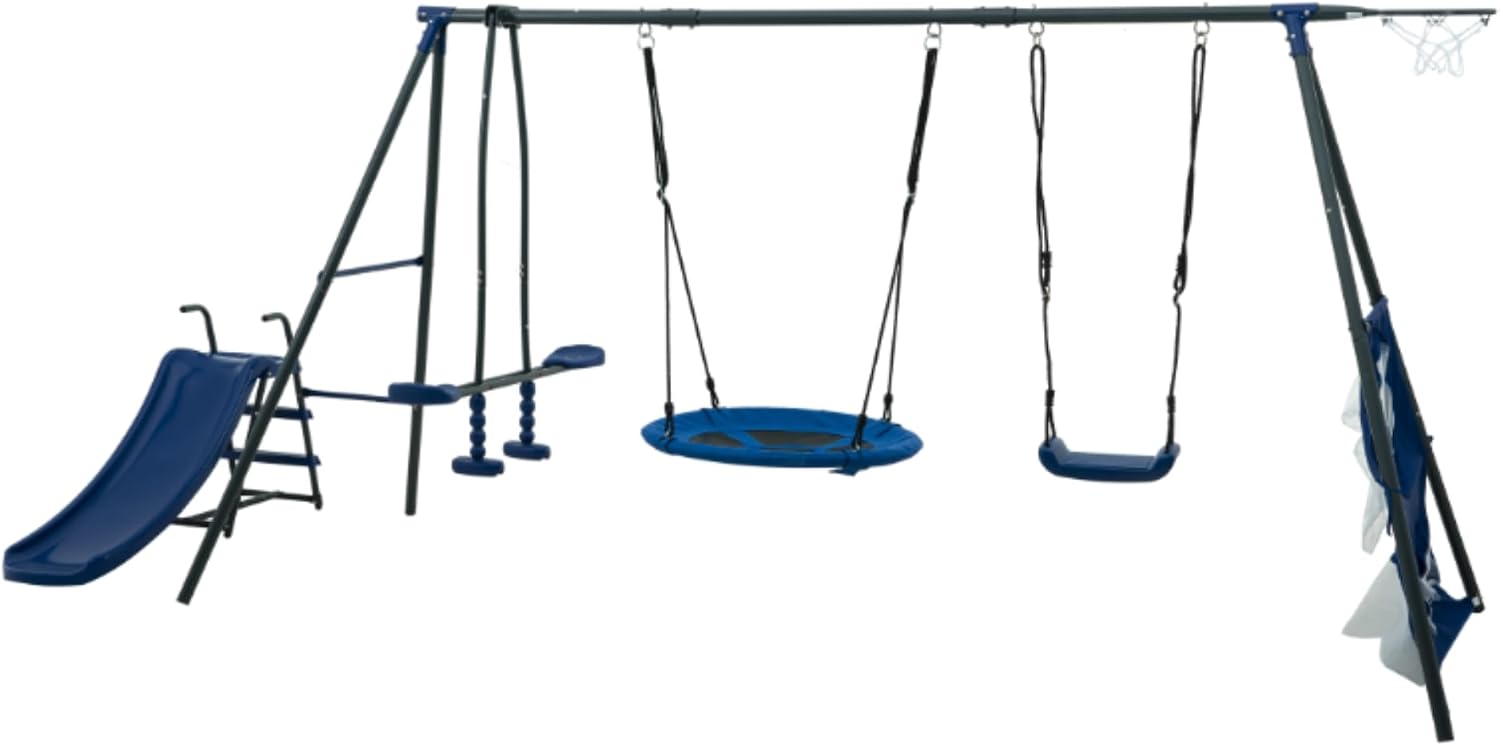 6‑Function Outdoor Swing Set with Net Saucer, Mini Slide, Face‑to‑Face Swings, Basketball Hoop & Soccer Net, Heavy‑Duty Steel Playground Playset (440 lbs) in Grey & Blue for Boys and Girls Ages 3+