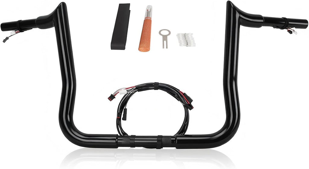 12' pre-wired meathook bar Ape Hanger Handlebar 1 ¼' Compatible With Harley Davidson Bagger Electra Glide Street Glide Ultra Limited 2016-2023, Miter Cut Heated Option Handlebar, Gloss Black