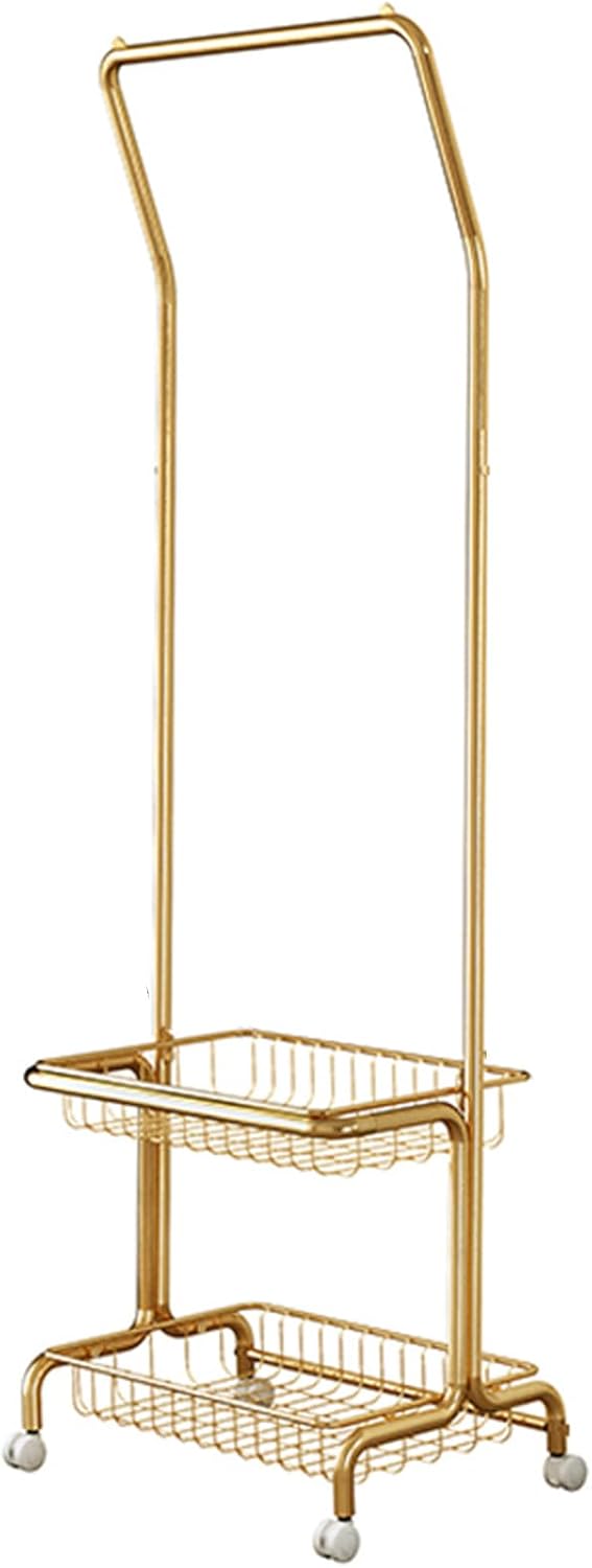 Heavy duty Garment rack 2-in-1 Clothing Rack With Hanging Rod And 2 Storage Basket, Heavy Duty Metal Clothes Organizer With Wheels, Freestanding Coat Rack For Entrance And Bedroom, 52x41x170CM (Gold