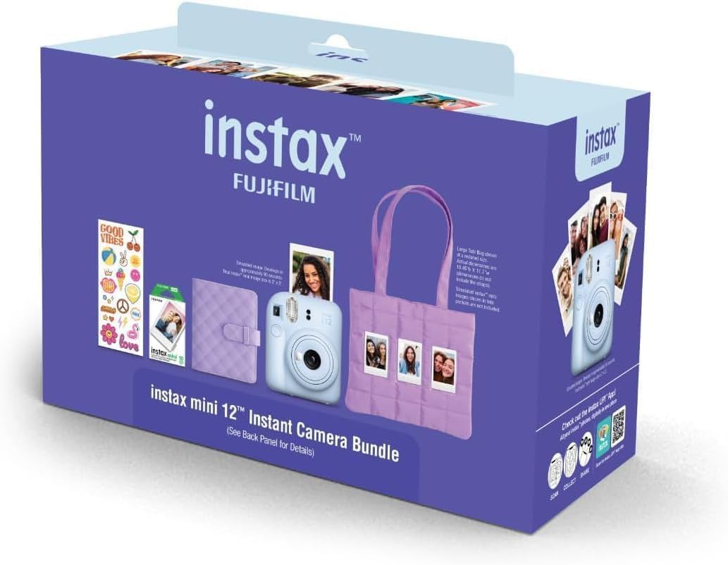 FUJIFILM INSTAX Mini 12 Holiday Bundle 2025 | with Extra Instax Mini Film + 4 Pk AA Batteries & Sunshine Photo Microfiber Cleaning Cloth (10 Items) (80 Sheets, Pastel Blue)