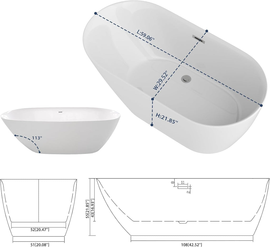Sarlai 59 Inch Acrylic Freestanding Soaking Bathtub Contemporary Soaking White Tub Stand Alone Ergonomic Bathtub with Chrome Drain and Overflow