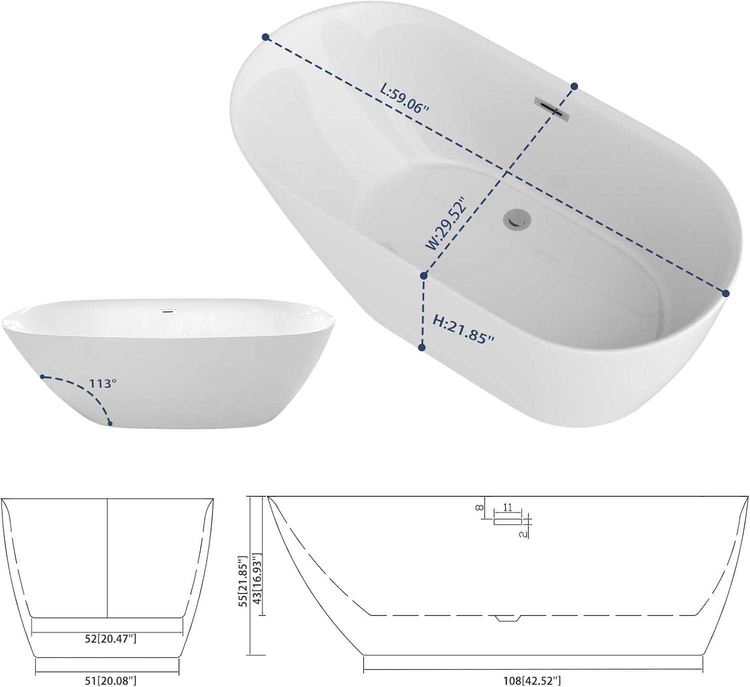 Sarlai 59 Inch Acrylic Freestanding Soaking Bathtub Contemporary Soaking White Tub Stand Alone Ergonomic Bathtub with Chrome Drain and Overflow