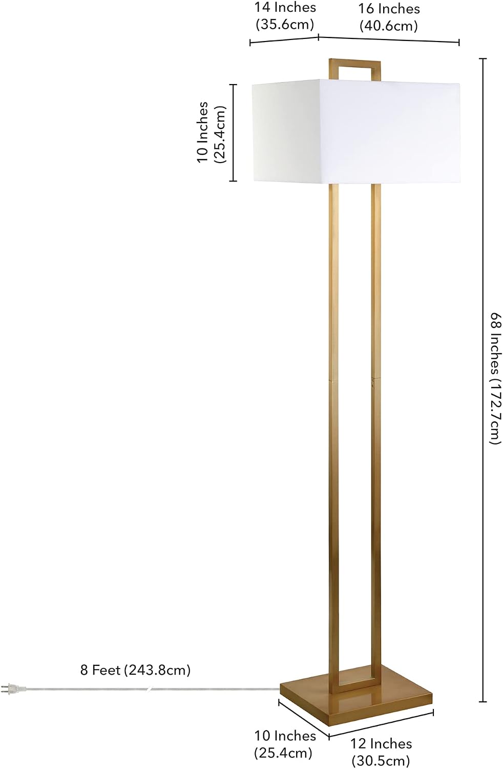 Henn&Hart 68' Modern 1-Light Floor Lamp with White Fabric Rectangle Shade for Living Room, Bedroom, or Office, Gold