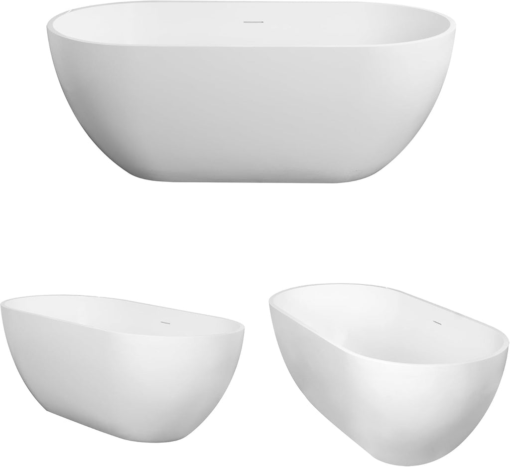 59-Inch Small Freestanding Bathtub – Solid Surface Stone Resin Oval Soaking Tub for Modern Bathroom