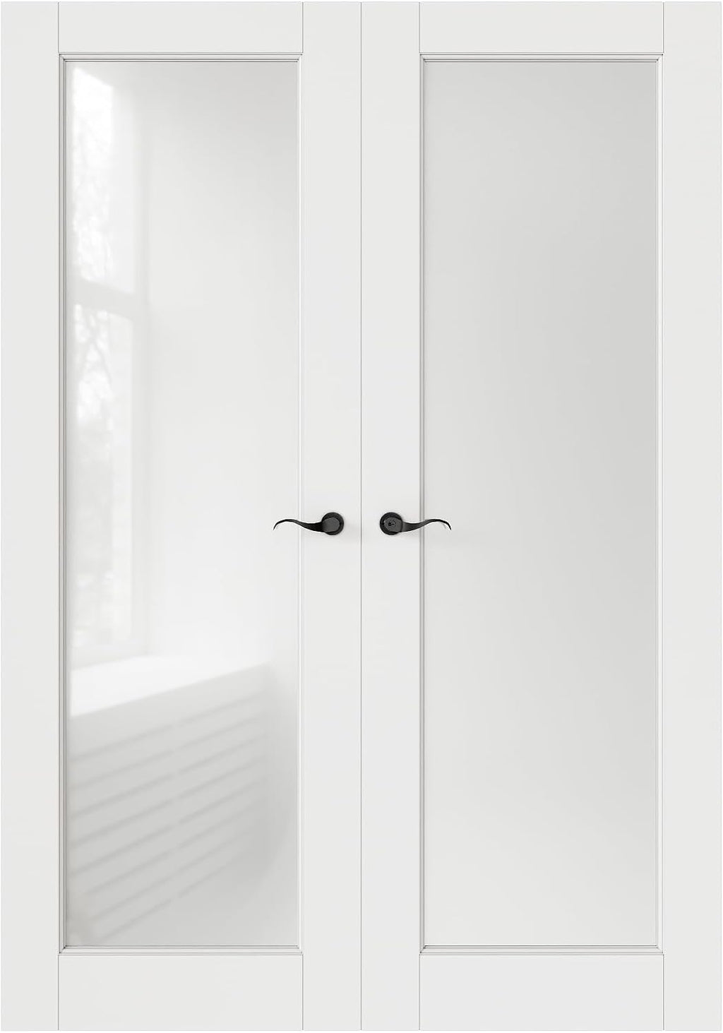 French Door 52' x 80' (Double 26' x 80') Frosted Glass Door Slabs with Pre-Hung Jamb, Black Hinges, Levers and Latch, White Primed, French Interior Doors with Frame, Swing Double Bedroom Doors