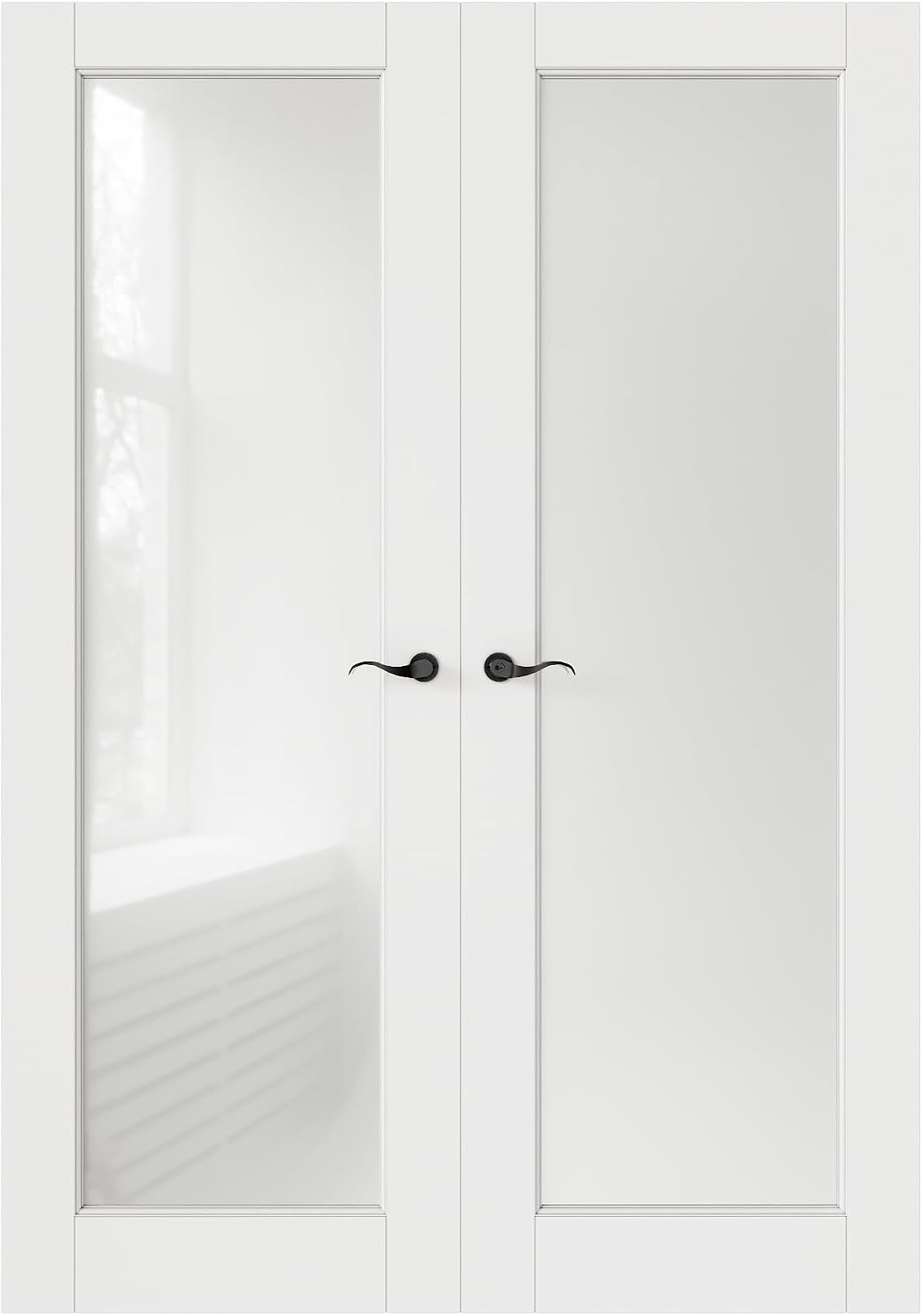 French Door 52' x 80' (Double 26' x 80') Frosted Glass Door Slabs with Pre-Hung Jamb, Black Hinges, Levers and Latch, White Primed, French Interior Doors with Frame, Swing Double Bedroom Doors