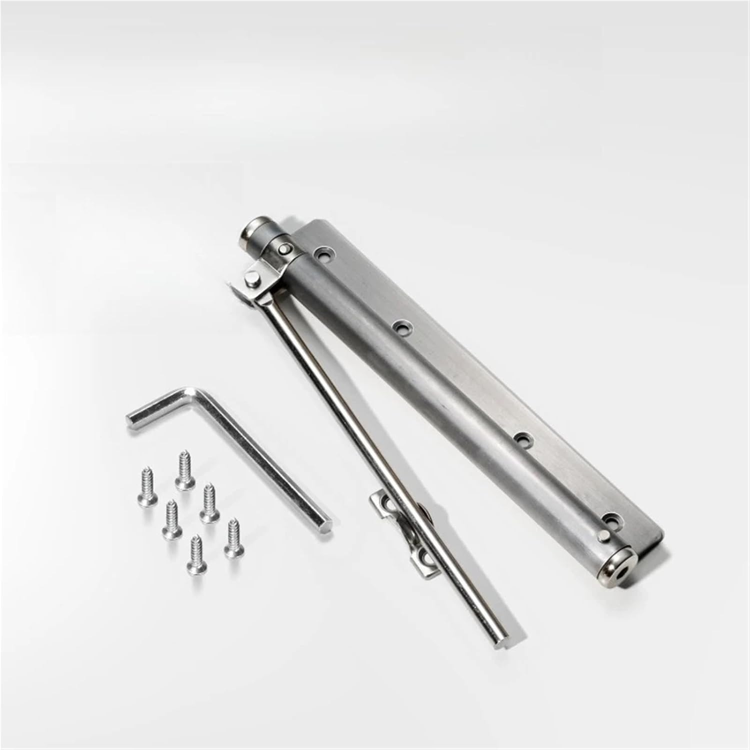 Door Closer Spring Self Closing Hinges Stainless Steel Soft Close Auto Top Latches with Arm Screw Wrench Hardware(Silver-L)