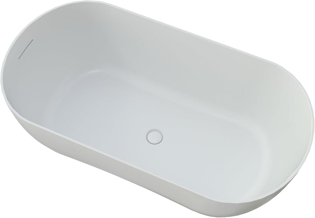 51' Premium Freestanding Solid Surface Bathtub, Oval Shape Stone Resin Soaking Tub with Overflow and Pop-up Drain, Matte White