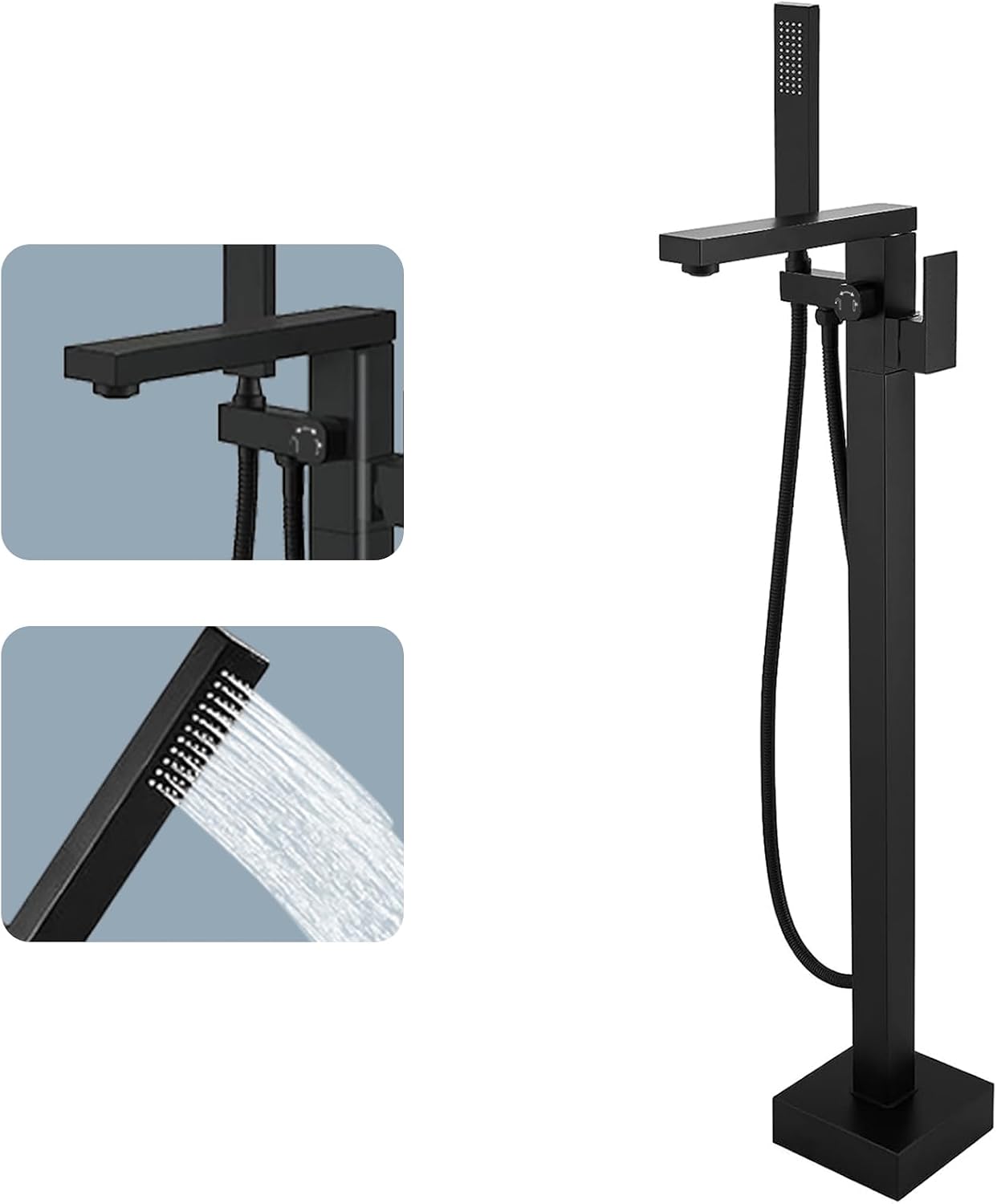 Dollate Matte Black Bathtub Filler Freestanding Tub Filler Floor Mount Tub Faucet, Waterfall floor standing bathtub filler faucet with hand sprayer and swivel tub sprayer