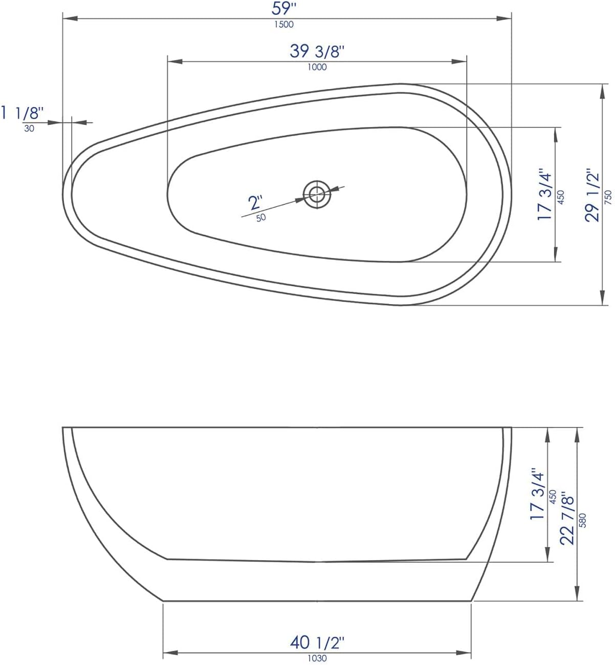 ALFI brand AB8861 59 inch White Oval Acrylic Free Standing Soaking Bathtub