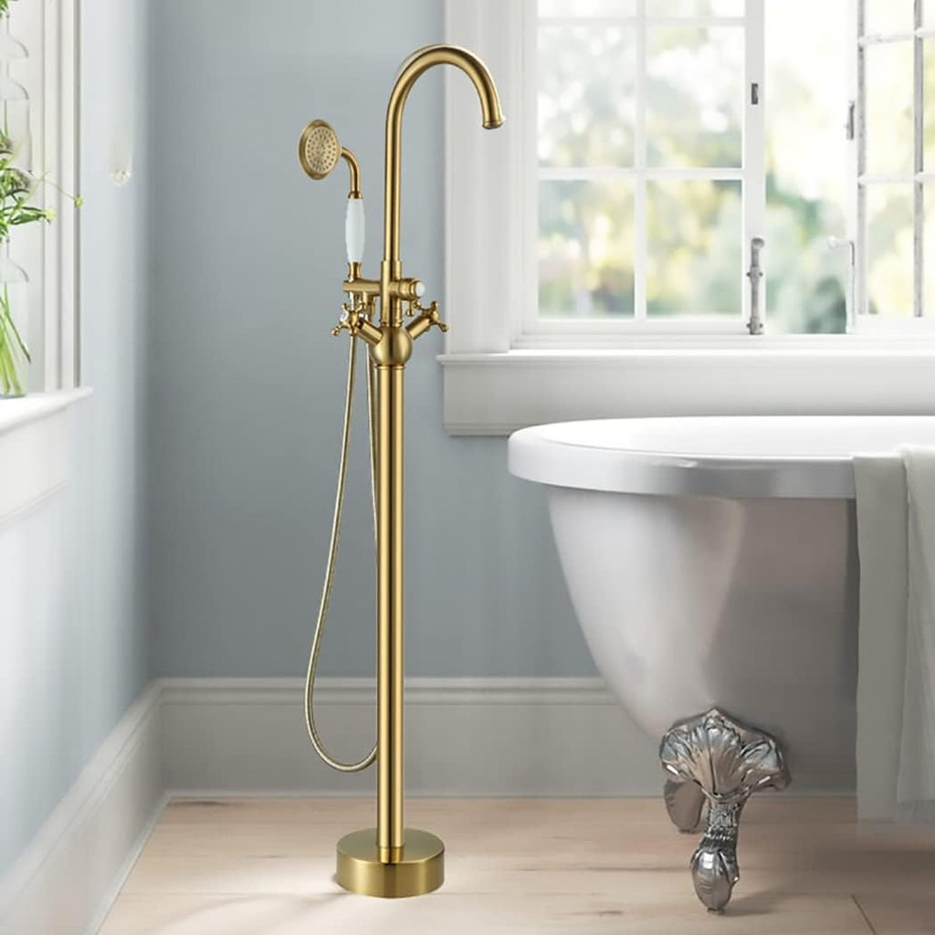 Industrial Freestanding Bathtub Faucet Swivel High Arc Floor Mount Tub Filler Faucet 2 Handles Floor Mounted Tub Faucet Brass Tub Mixer Tap with Handheld Shower and 59' Shower Hose,Brushed Gold