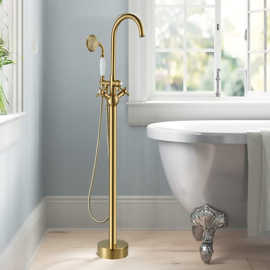 Industrial Freestanding Bathtub Faucet Swivel High Arc Floor Mount Tub Filler Faucet 2 Handles Floor Mounted Tub Faucet Brass Tub Mixer Tap with Handheld Shower and 59' Shower Hose,Brushed Gold