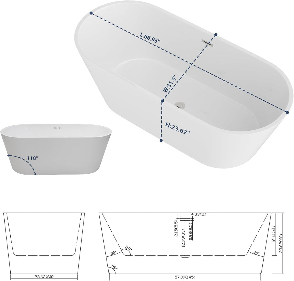Sarlai 67 Inch Acrylic Freestanding Soaking Bathtub Contemporary Soaking White Tub Stand Alone Ergonomic Bathtub with Chrome Drain and Overflow