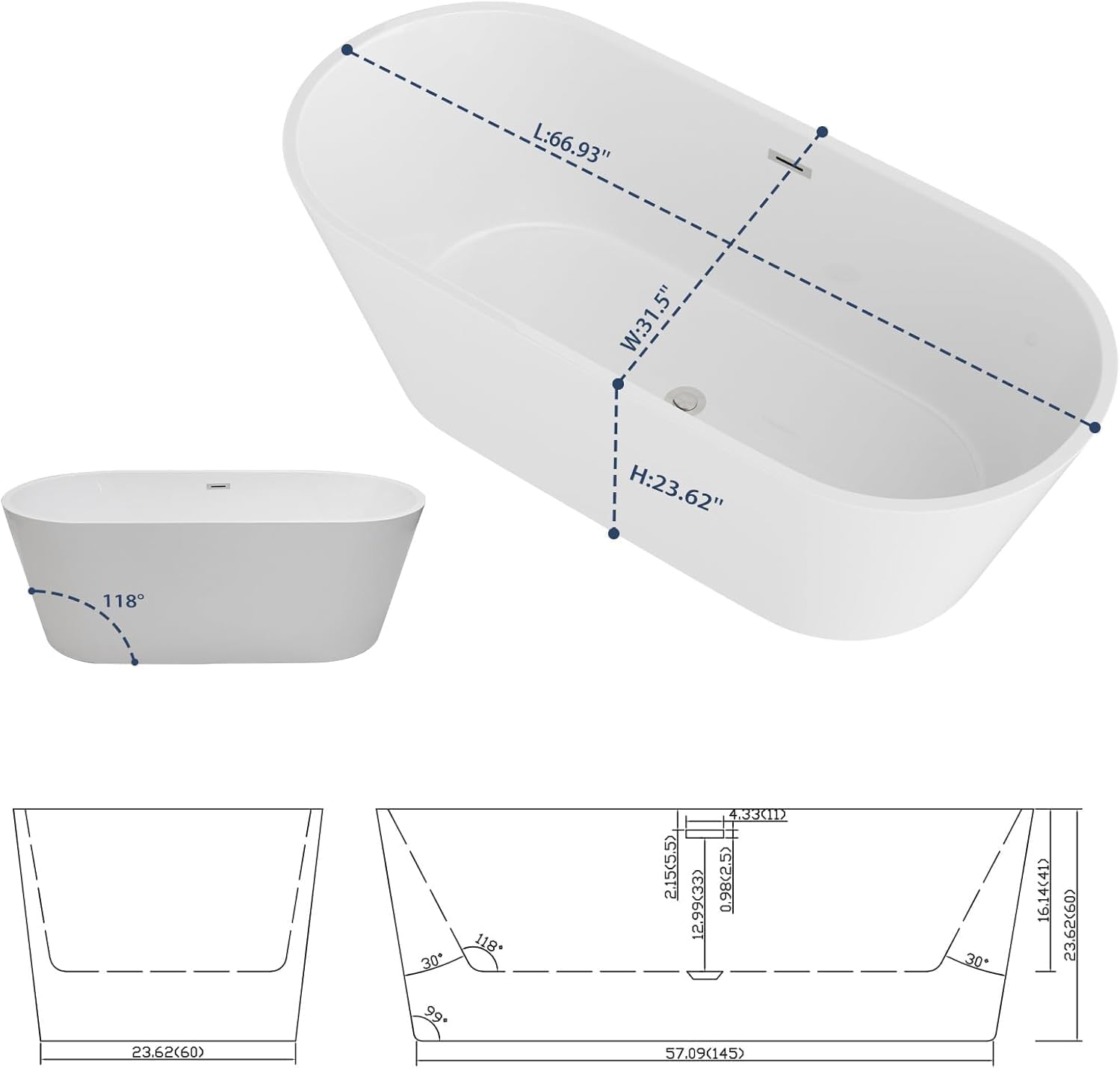 Sarlai 67 Inch Acrylic Freestanding Soaking Bathtub Contemporary Soaking White Tub Stand Alone Ergonomic Bathtub with Black Drain